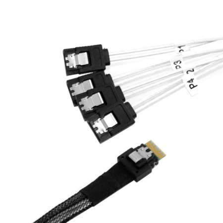 Cablecc Slim Line SAS 4.0 SFF-8654 4i 38pin Host to 4 SATA 7pin Target Hard Disk Fanout Raid Cable 50cm