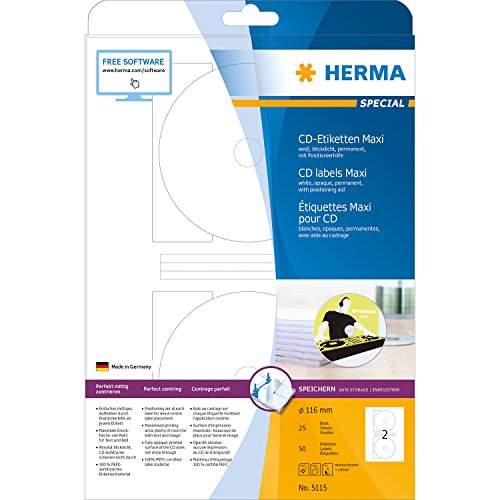 HERMA CD Labels Maxi A4 Ø 116 Mm White Paper Matt Opaque 50 Pcs.