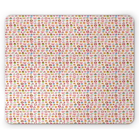 Dessert Mouse Pad  Confectionary Pattern of Pretzels and Candies on Pinky Polka Dotted Background  Rectangle Non-Slip Rubber Mousepad  Multicolor  by 