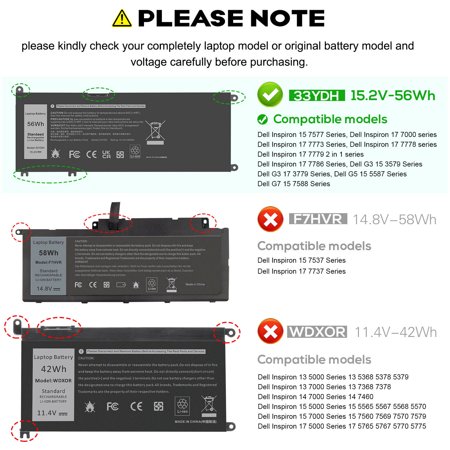 33YDH Battery for Dell Inspiron 15 7577 17 7773 7778 7786 7779 2in1 G3 451-BCDM