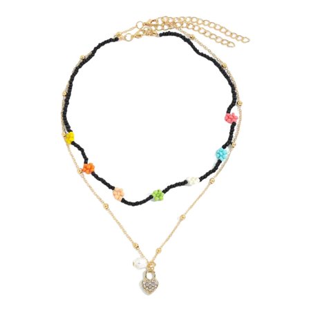 Careslong Boho Layered Flower Necklaces Y2k Colorful Beaded Choker for Girl Lock Chain Necklaces Gummy Bear Necklaces Adjustable Multilayer Chain Neck
