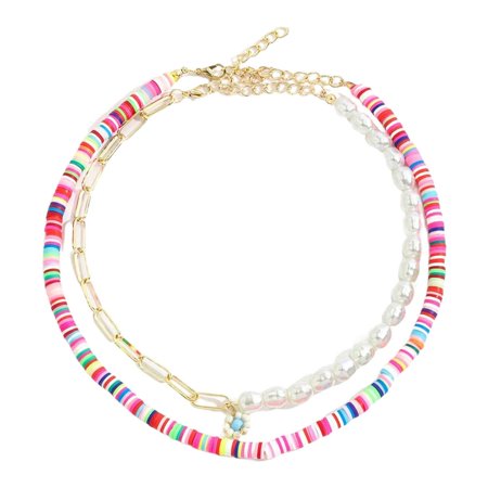 Aihome Boho Layered Flower Necklaces Y2k Colorful Beaded Choker for Girl Lock Chain Necklaces Gummy Bear Necklaces Adjustable Multilayer Chain Necklac