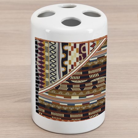 Tribal Ceramic Toothbrush Holder  Various Abstract Geometrical Motifs Folkloric American Culture Inspired Vintage Design  Decorative Versatile Counter