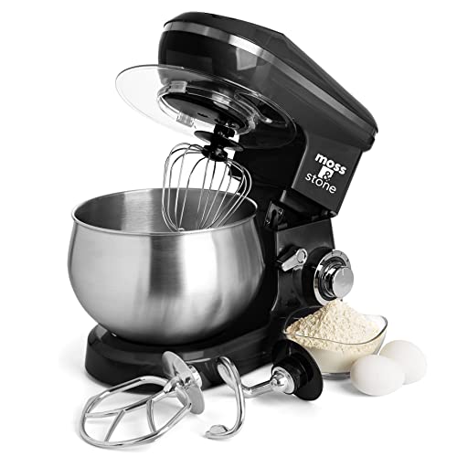 Moss & Stone Stand Mixer, 6 Speed Electric Mixer with 5.5 Quart Stainless Steel Mixing Bowl, Black Body Kitchen Mixer with Dough Hook, Egg Whisk, Beat