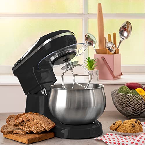 Moss & Stone Stand Mixer, 6 Speed Electric Mixer with 5.5 Quart Stainless Steel Mixing Bowl, Black Body Kitchen Mixer with Dough Hook, Egg Whisk, Beat