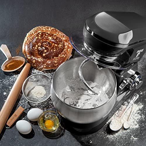 Moss & Stone Stand Mixer, 6 Speed Electric Mixer with 5.5 Quart Stainless Steel Mixing Bowl, Black Body Kitchen Mixer with Dough Hook, Egg Whisk, Beat