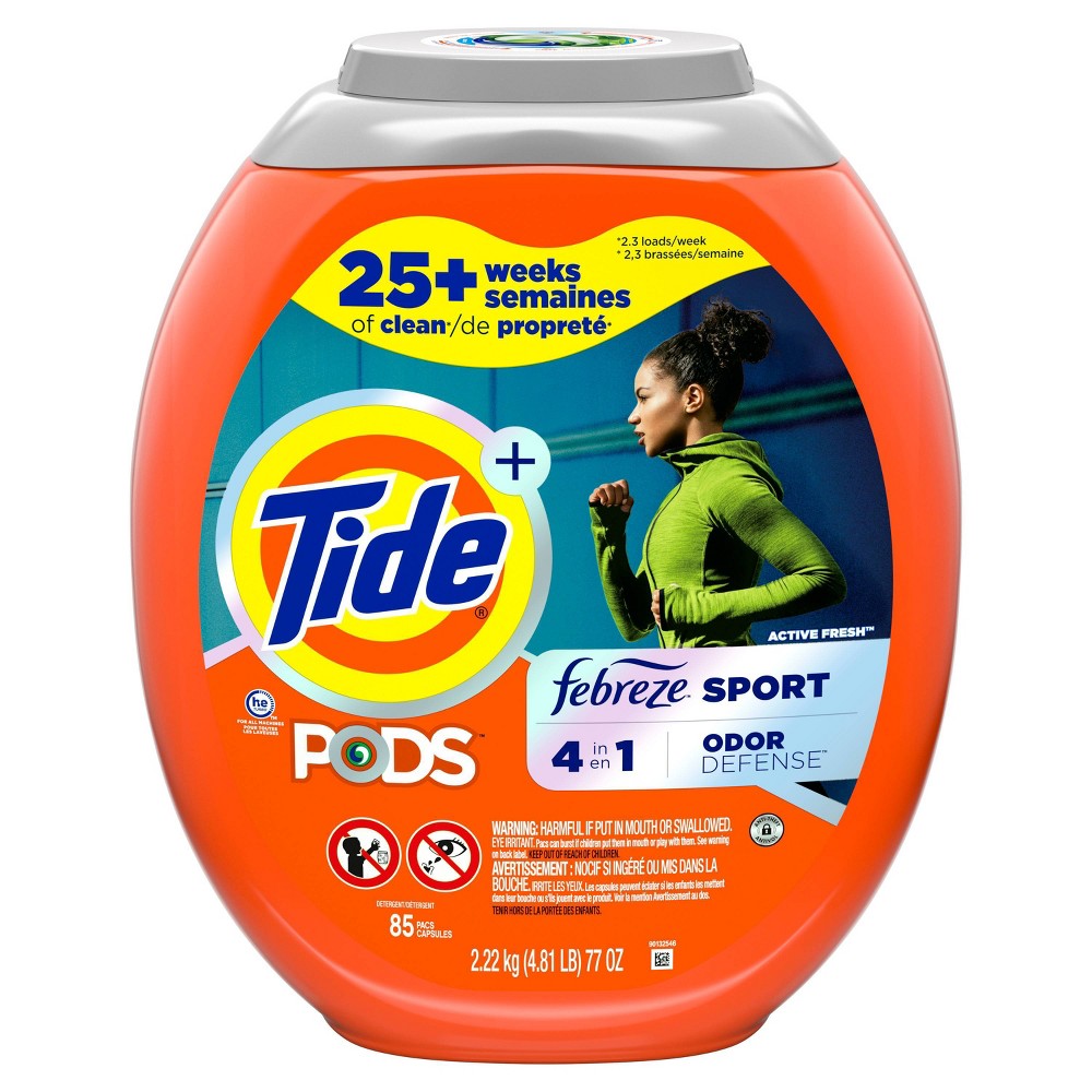 Tide Pods Liquid Laundry Detergent Soap Pacs  4-n-1 with Febreze  HE Compatible  85 Count  Fights Even Week Old Odors  Sport Odor Defense