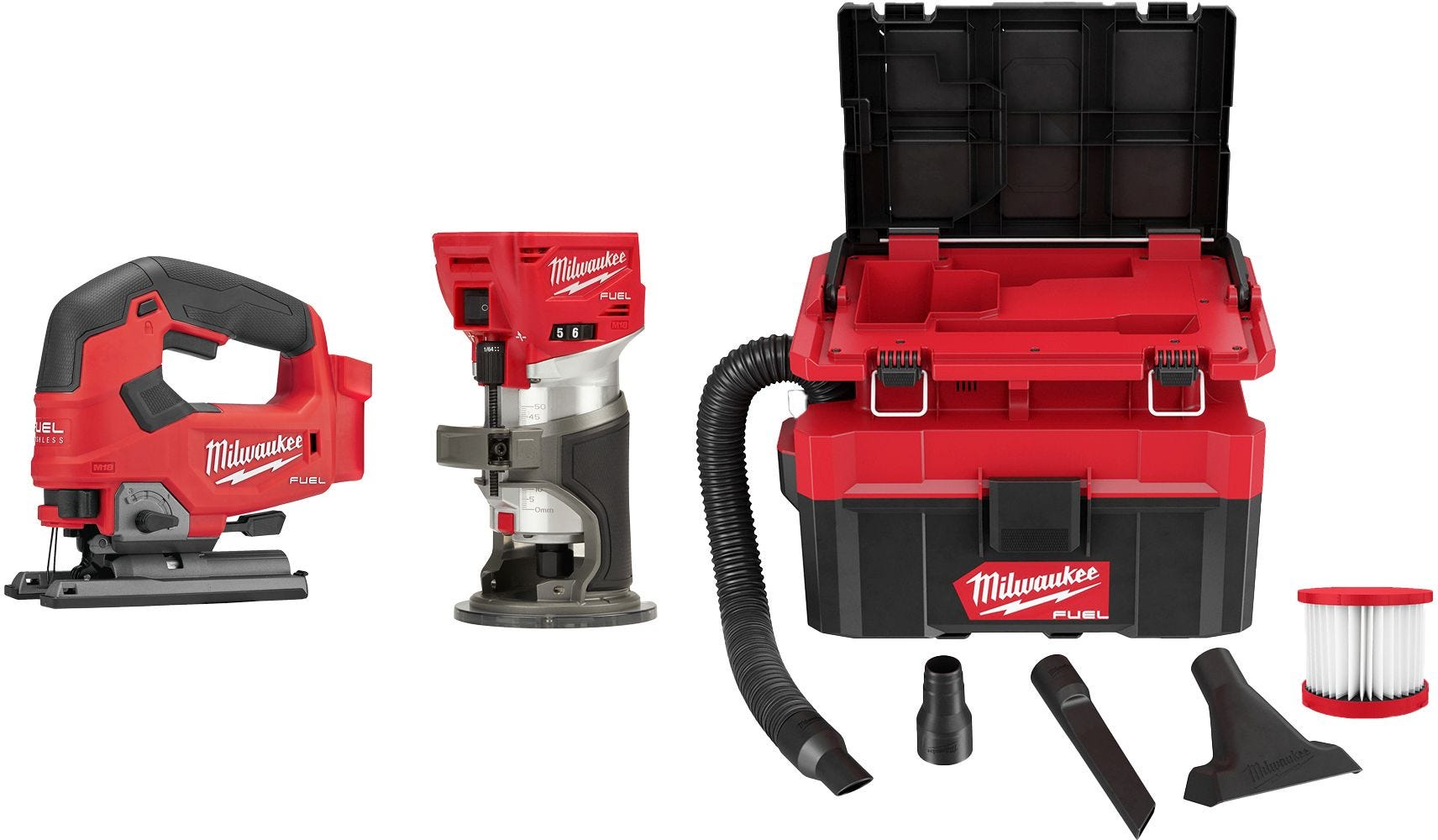 Milwaukee 2737-20 M18 Fuel D-Handle Jig Saw, 2723-20 Brushless Compact Router, 0970-20 PACKOUT 2.5 Gallon Wet/Dry HEPA Vacuum Combo Kit