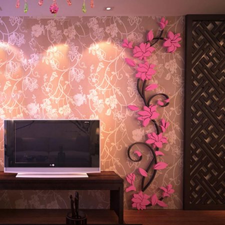 MEROTABLE 3D Flower Wall Sticker Art Mural Removable Bedroom Living Room Decoration Pink 24*80