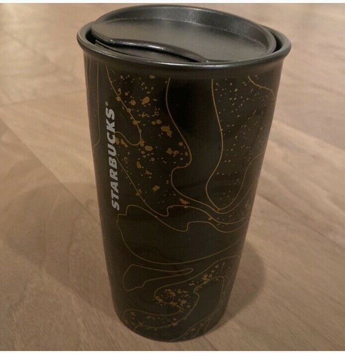 Starbucks Gold Black Sparkle Blend Ceramic Traveler Tumbler Coffee Cup 12 Oz