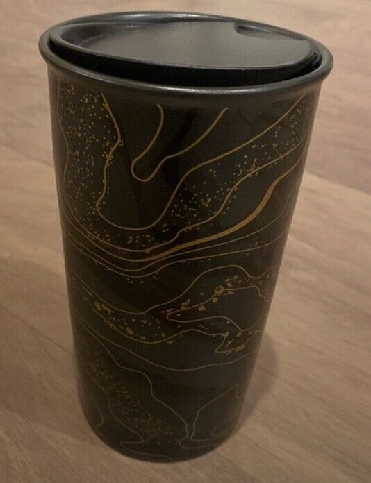 Starbucks Gold Black Sparkle Blend Ceramic Traveler Tumbler Coffee Cup 12 Oz thumbnail