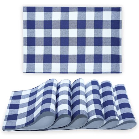 100% Cotton Fused Placemats Set of 6 - Buffalo Check Plaid Every Day Use 12’ X 18   - Blue/White