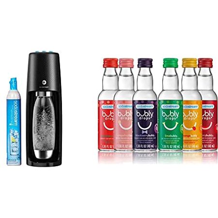 Fizzi One Touch Sparkling Water Maker (Black) with CO2 and BPA Free Bottle with Bubly Drops 6 Flavor  Original Variety Pack  8 Fl Oz