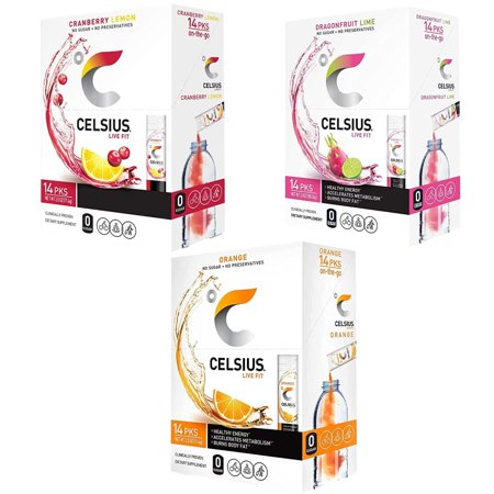 CELSIUS Live Fit on-the-Go Powder Stick 3 Flavor Variety Pack  Zero Sugar - Dragonfruit  Cranberry Lemon and Orange Pack of 42 (14 of Each Flavor)