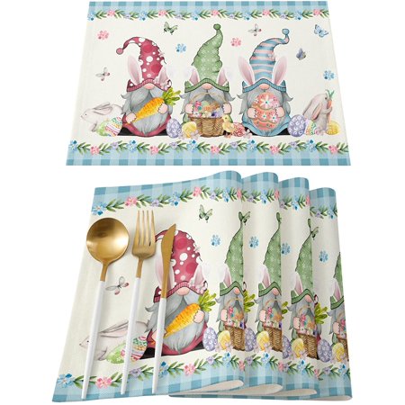 Happy Easter Placemats - Set of 6  Easter Gnome Bunny Table Mats for Easter Decorations  Easter Eggs Place Mats  Blue Buffalo Plaid Placemats for Spri