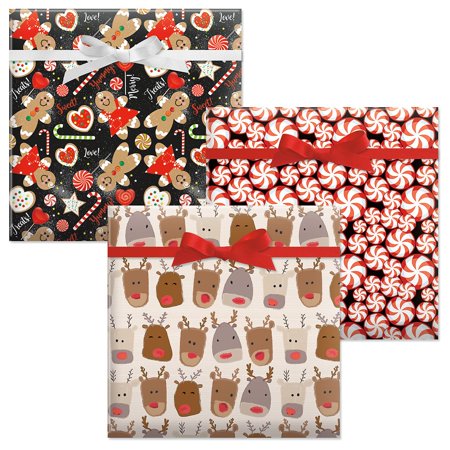CHRISTMAS GIFT WRAP VALUE PACK! Reindeer Heads  Christmas Candy and Sweet Treats Jumbo Rolled Gift Wrap - 3 Giant Single Sided Wraps  23  X 32  Each  