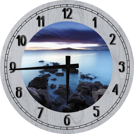 Large Wood Wall Clock 24 Inch Round Ocean Wall Art Stone Path Into the Foggy Ocean Water Scenic Sky Round Small Battery Operated Gray