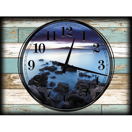 Large Teal White Wood Grain Wall Clock on Canvas Art Stone Path Into the Foggy Ocean Water Scenic Sky 12 X 16 Inch Wall Decor