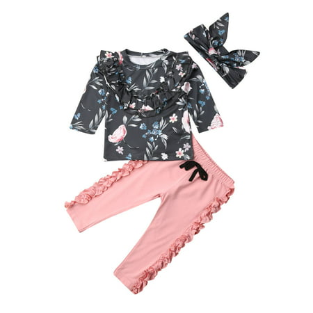 LA HIEBLA Baby Girl S 3Pcs Clothes Set  Flower Print Long Sleeve Ruffles T-shirt with Solid Color Long Pants and Headband