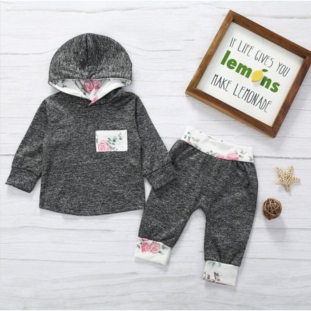 LA HIEBLA Newborn Baby Girls 2 Pieces Outfit  Hooded Sweatshirt Long Sleeve Tops + Floral Print Patchwork Long Pants Set