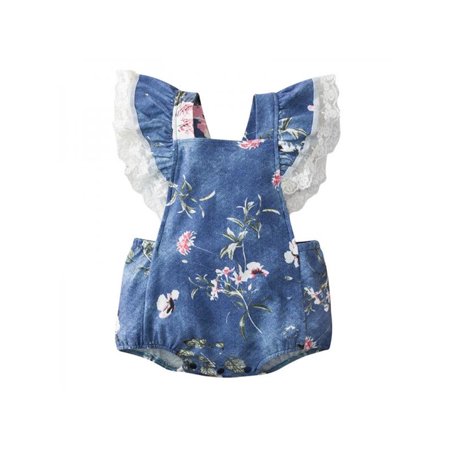 TOPWONER Infant Baby Girl Romper One Piece Short Sleeve Demin Lace Ruffle Romper Jumpsuit Bodysuit Summer Outfit Clothes