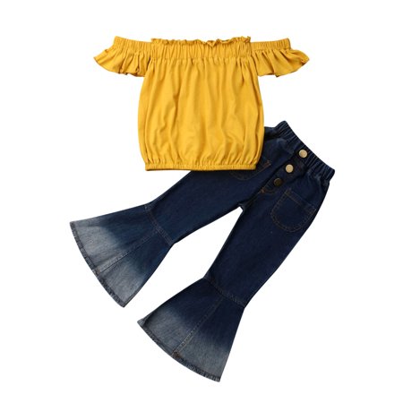 LA HIEBLA Toddler Kids Baby Girls Off Shoulder Tops Denim Pants Outfits Set
