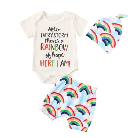 LA HIEBLA Infant Baby Girl Clothes Set Letter Romper+Rainbow Shorts+Hat 3Pcs Outfits