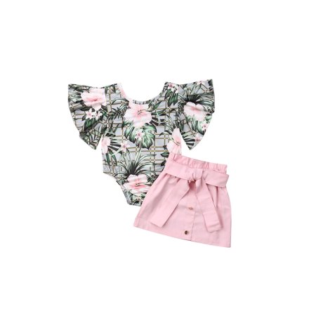 LA HIEBLA 2PCS Toddler Baby Girls Kids Summer Clothes Ruffle Floral Romper Top Skirt Outfits Set
