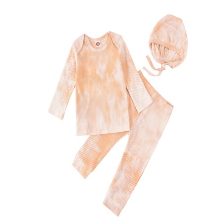LA HIEBLA Baby Girls Tie-dye Long Sleeve Tops + Long Pants with Elastic Waist + Hat Set