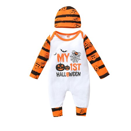 LA HIEBLA Toddler Baby Halloween Set Long Sleeve Pumpkin Jumpsuit + Striped Cap