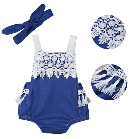 LA HIEBLA Newborn Infant Baby Girls Denim Sleeveless Bodysuit Romper Jumpsuit Outfit Set