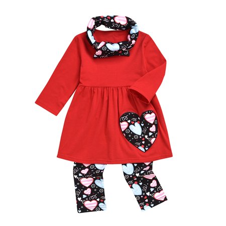 LA HIEBLA 3Pcs Baby Girl Outfit T Shirt Dress Tops Leggings Scarf Set