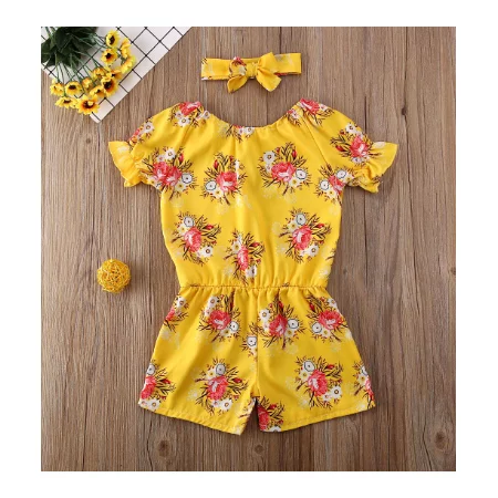 LA HIEBLA Baby Girls Summer Clothes Set Short Sleeve Off Shoulder Floral Jumpsuit+Bowknot Headband Kids 2Pcs Casual Outfits