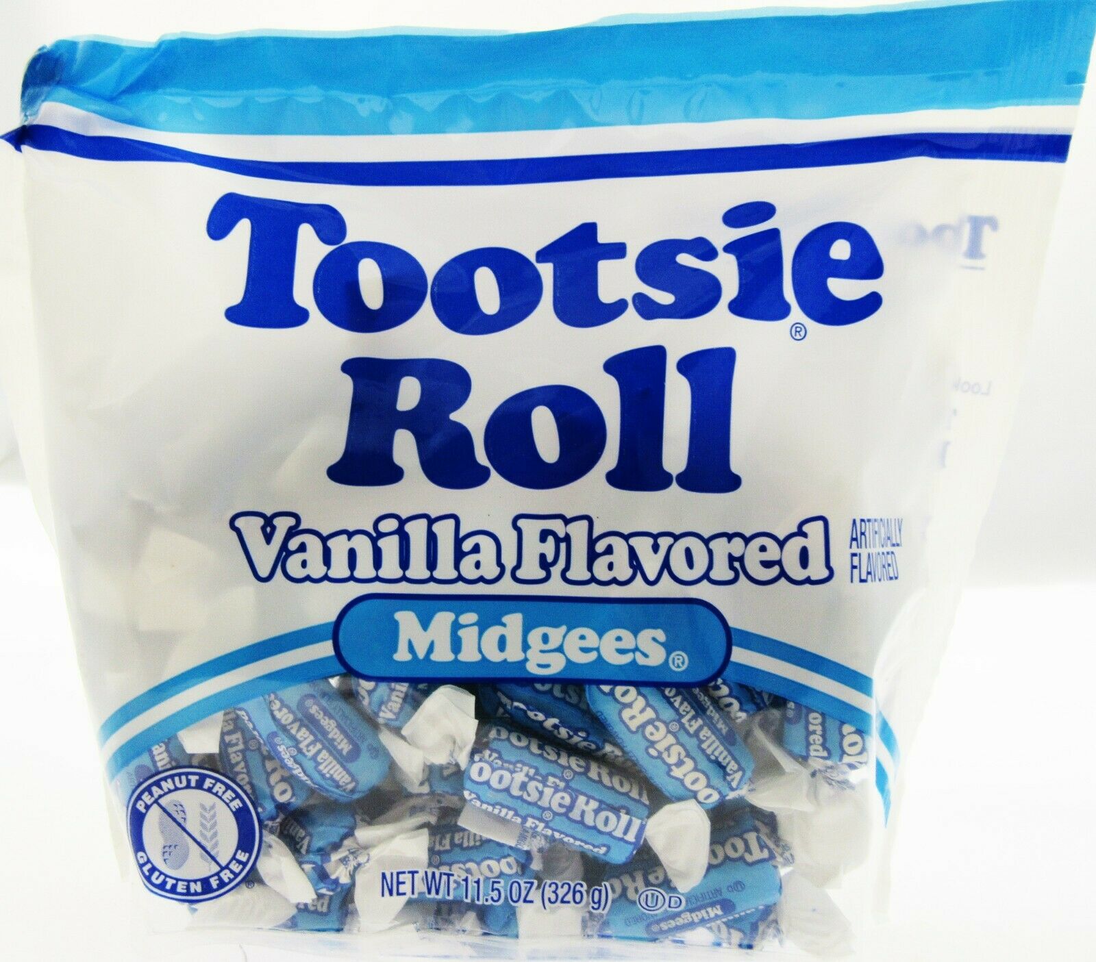 Tootsie Roll  Vanilla Midgees  11.5 Oz. Peanut Free  Gluten Free. Contains Milk and Soy