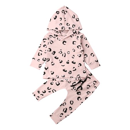 LA HIEBLA Baby Girls Long Sleeve Hooded Tops Leopard Pants Outfit Clothes Set