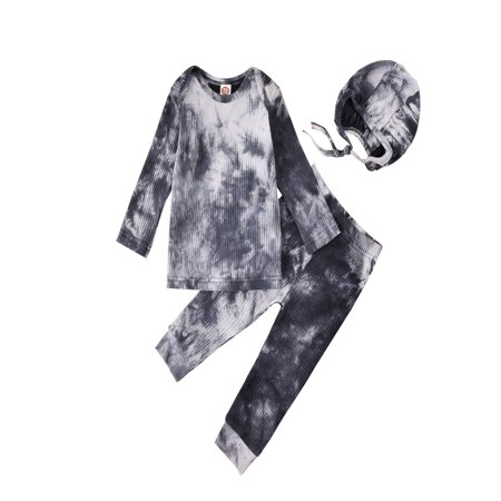 LA HIEBLA Baby Girls Tie-dye Long Sleeve Tops + Long Pants with Elastic Waist + Hat Set