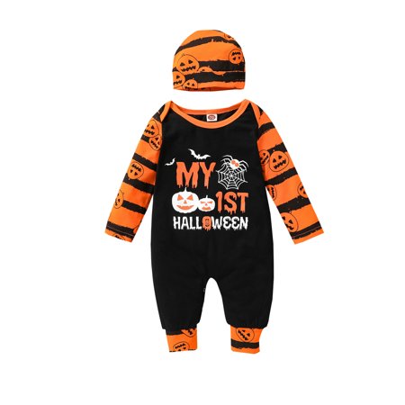 LA HIEBLA Toddler Baby Halloween Set Long Sleeve Pumpkin Jumpsuit + Striped Cap