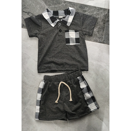 LA HIEBLA Toddler Baby Boy 2 Pieces Outfit  Short Sleeve Plaid Stitching Turn-Down Collar Tops + Elastic Waist Bandage Shorts Set