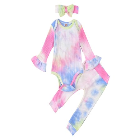 LA HIEBLA Baby Girls Tie-dye Long Sleeve Tops + Long Pants with Elastic Waist + Hat Set