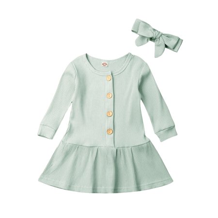 LA HIEBLA Baby Girls Long Sleeve Dress Set Ribbed Knit Solid Color Round Collar Princess Dresses+Headband Kids 2Pcs Autumn Fall Outfits
