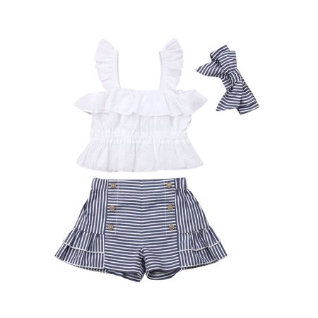 LA HIEBLA Baby Girl Summer Clothes Set Cropped Vest Stripe Shorts with Headband