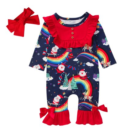 LA HIEBLA Infant Baby Girl 2 Pieces Christmas Set  Long Sleeve Santa Claus Jumpsuit with Headband