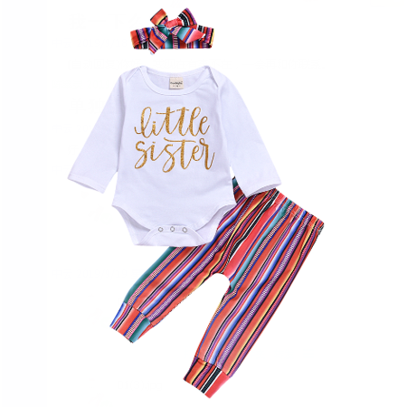 LA HIEBLA Baby 3PCS Outfit Set  Long Sleeve Letter Pattern Button Closure Romper  Long Striped Elastic Band Pant  Bow Hair Band Set