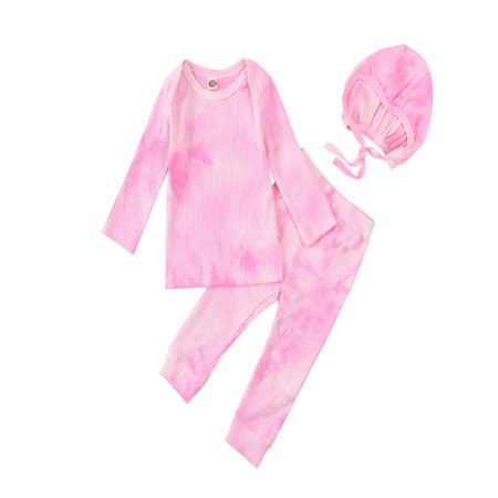 LA HIEBLA Baby Girls Tie-dye Long Sleeve Tops + Long Pants with Elastic Waist + Hat Set