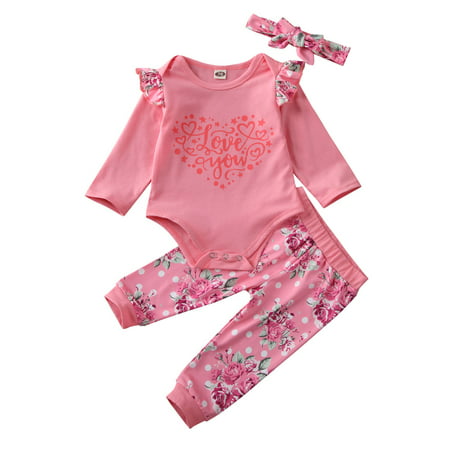 LA HIEBLA Baby Girl S Autumn Outfit Sets Pink Long Sleeve Letter Print Romper + Floral Pants + Bowknot Headband