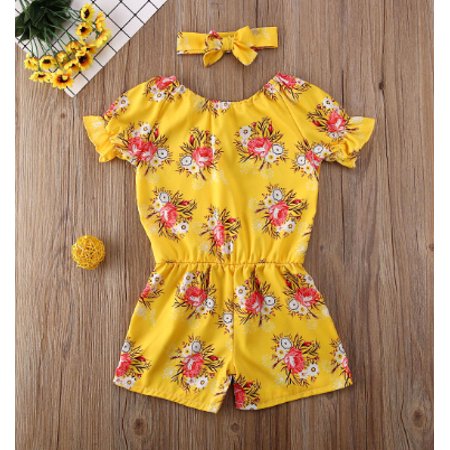 LA HIEBLA Baby Girls Summer Clothes Set Short Sleeve Off Shoulder Floral Jumpsuit+Bowknot Headband Kids 2Pcs Casual Outfits