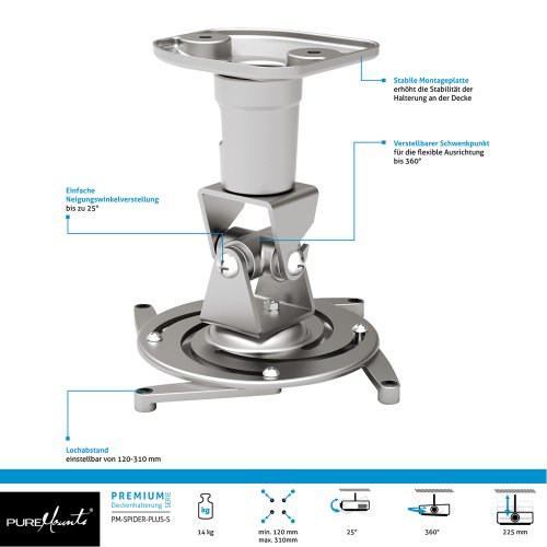PureMounts PM-Spider-Plus - Deckenhalterung - Silber - 360° Drehbar - +25° Bis -25° Neigbar