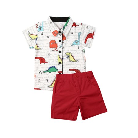 LA HIEBLA Baby Boy S Summer Outfit Sets Short Sleeve Dinosaur Print Shirt Tops + Red/Green Shorts
