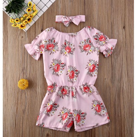 LA HIEBLA Baby Girls Summer Clothes Set Short Sleeve Off Shoulder Floral Jumpsuit+Bowknot Headband Kids 2Pcs Casual Outfits