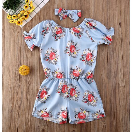 LA HIEBLA Baby Girls Summer Clothes Set Short Sleeve Off Shoulder Floral Jumpsuit+Bowknot Headband Kids 2Pcs Casual Outfits